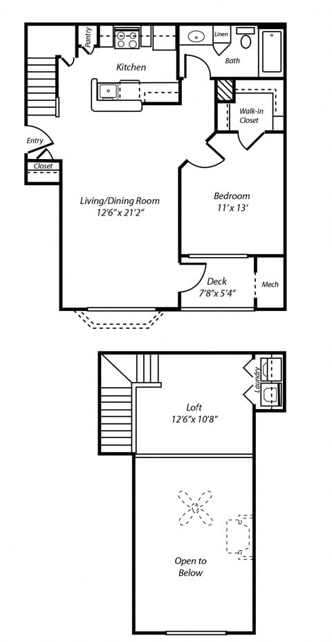 Floor plan for 1 bed, 1 bath, 899 sqft
